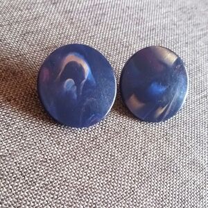80s Dark Blue w/ Gold Swirl Acrylic Round Earrings - Pre-loved (1")